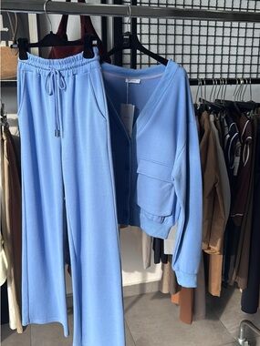 LUMINA (Made in Italy) Light Blue Wide-Leg Lounge Pants & Matching Cardigan Set